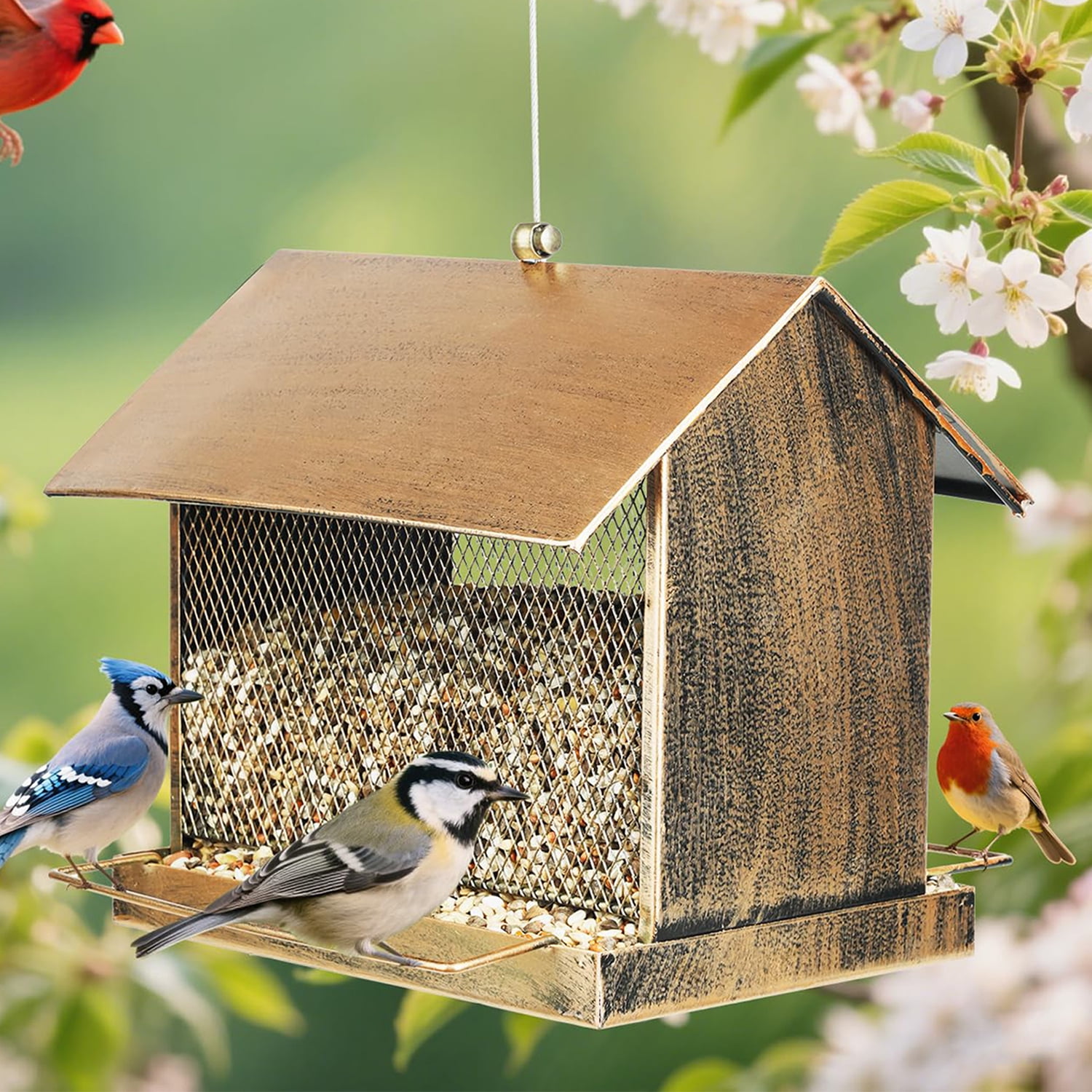 Samhe Bird Feeder for Outdoor, Heavy Duty Metal Wild Birdfeeder with Squirrel Proof Buckle for Garden Yard Outside Hanging, House Shape Large Capacity