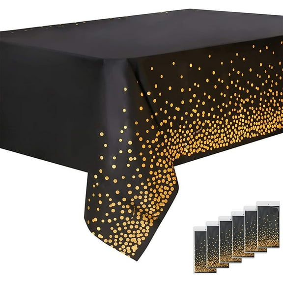 Samhe Black and Gold Tablecloth, 6 Pack Disposable Plastic Tablecloths Waterproof Oil Proof Rectangle Table Cover 54X108 in for Birthday Graduation Cocktail Party Decorations