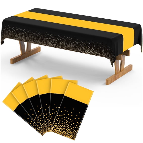 Samhe 54" x 108" 6 Pack Plastic Tablecloth, Black and Gold Disposable Tablecloths Waterproof Oil Proof Rectangle Table Cover for Party, Wedding, Cocktail, Banquet