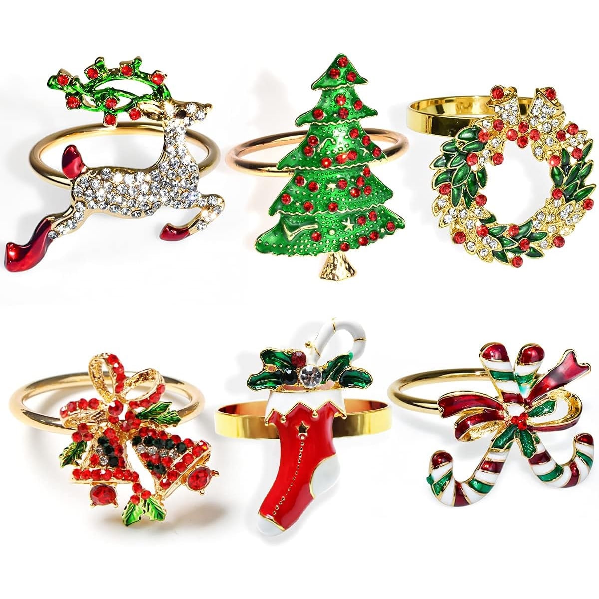Samhe Christmas Napkin Rings Set of 6 Pcs, Gold Napkin Ring Holders