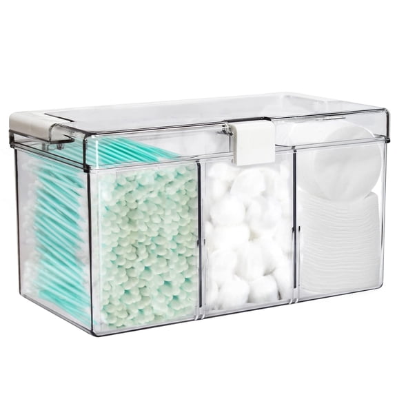 Samhe Large Qtip Holder with Carry Handle, Clear Acrylic Qtip Cotton Ball Holder Dispenser with 3 Compartments