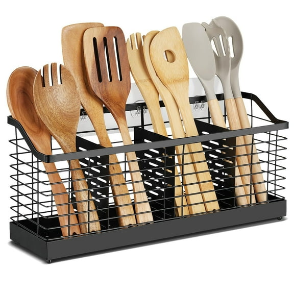 Samhe Large Utensil Holder for Kitchen Counter, Wall-Mounted Cooking Utensil Organizer with 4 Compartments for Spoons, Forks, Knives