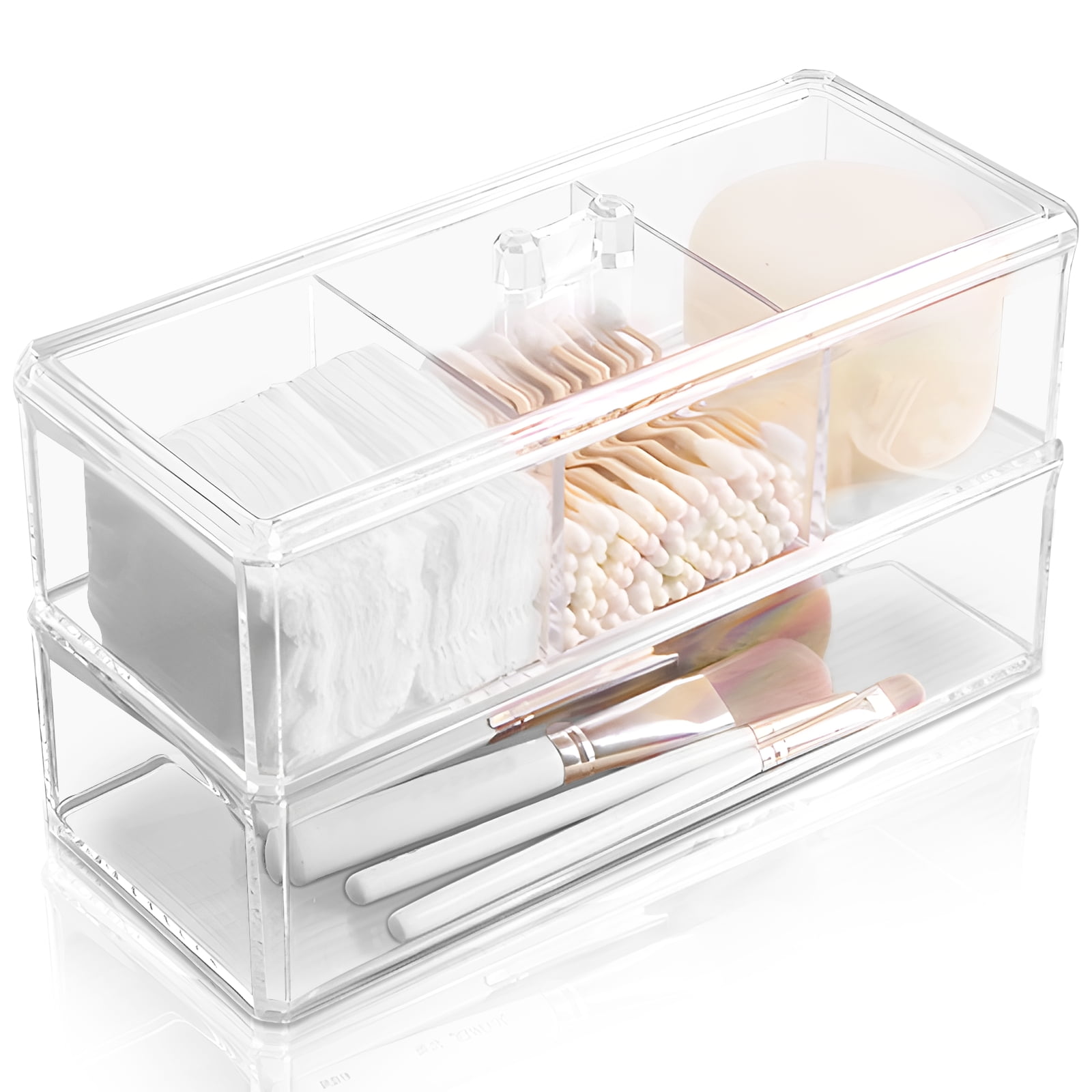 EEEkit 3 Grids Qtips Holder, Cotton Swabs Dispenser Storage Box, Makeup Accessory Organizer, White, Size: 8.3*3*3.5 (Large*W*H)