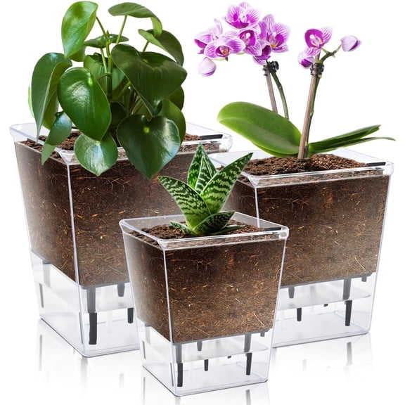 Samhe 3 Pack Self Watering Plant Pots, 5/4.1/2.7 inch Clear Plastic Planters with Deep Reservoir for Indoor & Outdoor Plants