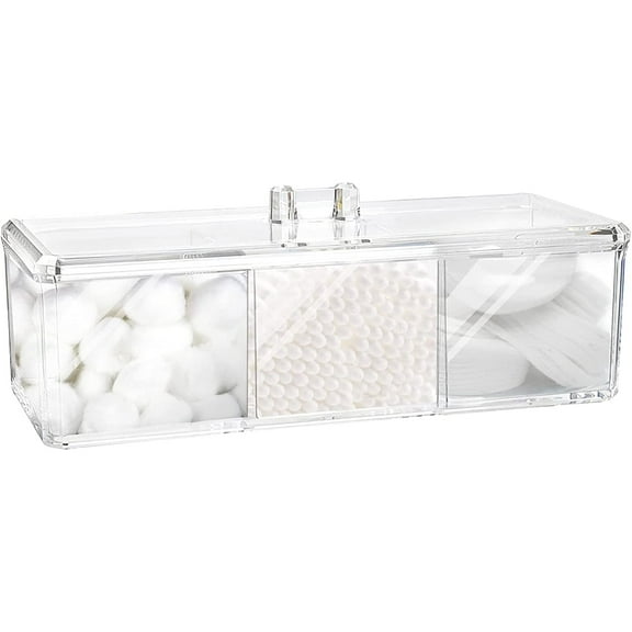 Samhe Square Qtip Holder Dispenser, 3Compartments Cotton Ball Holder, Bathroom Canisters for Cotton Swab, Ball, Cottons Pad Organizer, Clear Acrylic Containers with Lid for Bathroom Vanity Countertop