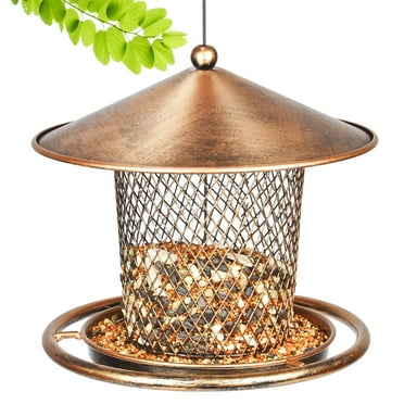 Samhe Squirrel Proof Bird Feeders, Cute Lantern Bird Feeder Roof Shaped, Heavy Duty Metal Wild Bird Feeder with Hook for Garden Yard Outside Hanging Decor, 2lbs Capacity - Bronzed
