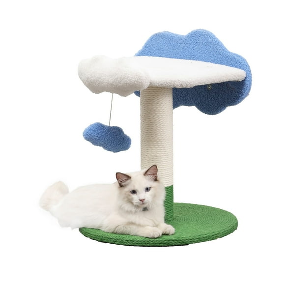 THE LICKER STORE Sami 21.5" Modern Jute Cloud Cat Tree with Scratching Post, and Fuzzy Toy, White/Blue/Green, CTR1006A