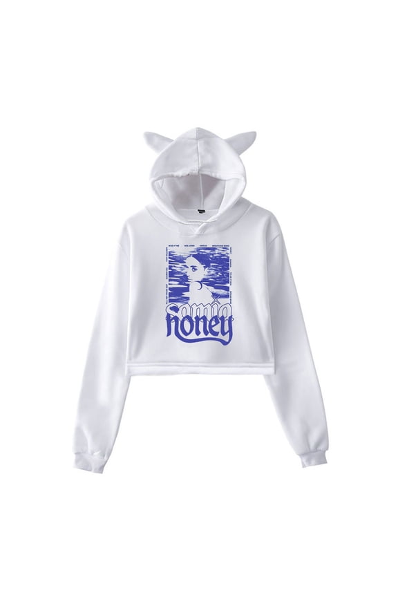 Samia Honey Cat Ear Hoodie Women Long Sleeve Hooded Sweatshirt Pullover Crop Tops