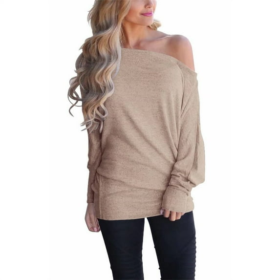 Samickarr 2024 Long Sleeve Shirts for Women Trendy Casual Solid Color Off-Shoulder Patchwork Loose T-Shirt Top