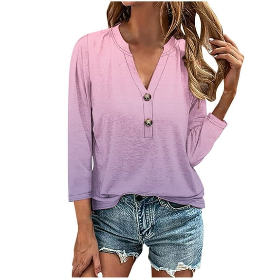 Samickarr 3/4 Sleeve Long Sleeve Shirts For Women Pullover Top Women's Tops Fashion Solid Button Shirt Female V-Neck Loose T-shirt Blouse