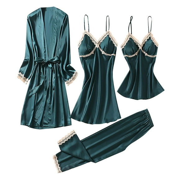 Samickarr 5 Piece Pajama Set For Women Lace Silk Satin Skirt Nightgown With Robe Trousers Cami Top And Shorts Sleepwear Loungewear Nightwear Soft Pjs Lounge Sets