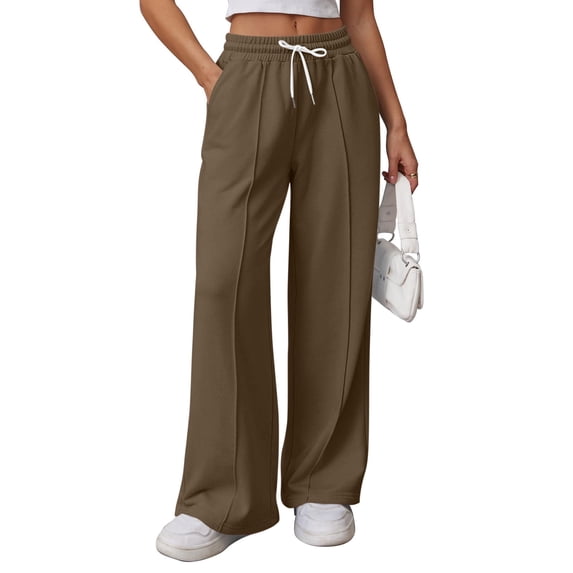 Gswybco Athletic Pants for Women Drawstring High Elastic Waist with Pocket Pants Straight Loose Wide Leg Trousers