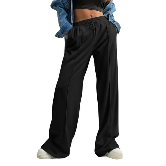 Gswybco Athletic Pants for Women Drawstring High Elastic Waist with Pocket Trousers Straight Loose Wide Leg Pants