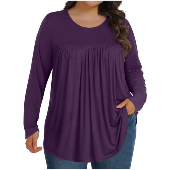 Gswybco Tops for Women Round Neck Large Size Fold Long Sleeve Blouse Solid Color Top