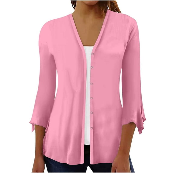Samickarr Button Down Cardigan For Women Floral Print Puffsleeve Cardigan Loose Cover Up Blouse Tops 3/4 Sleeve Ruffle Lightweight Open Front Button Cardigan Fall Clothes For Women