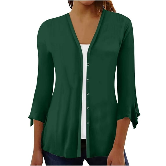 Samickarr Button Down Cardigan For Women Floral Print Puffsleeve Cardigan Loose Cover Up Blouse Tops 3/4 Sleeve Ruffle Lightweight Open Front Button Cardigan Fall Clothes For Women