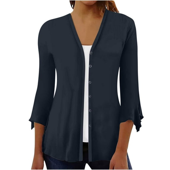 Samickarr Button Down Cardigan For Women Floral Print Puffsleeve Cardigan Loose Cover Up Blouse Tops 3/4 Sleeve Ruffle Lightweight Open Front Button Cardigan Fall Clothes For Women