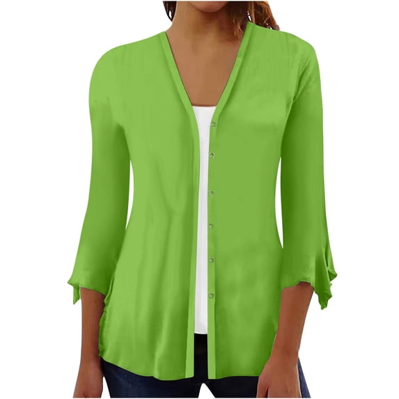 Samickarr Button Down Cardigan For Women Floral Print Puffsleeve Cardigan Loose Cover Up Blouse Tops 3/4 Sleeve Ruffle Lightweight Open Front Button Cardigan Fall Clothes For Women