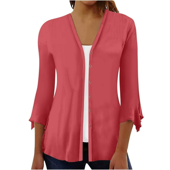 Samickarr Button Down Cardigan For Women Floral Print Puffsleeve Cardigan Loose Cover Up Blouse Tops 3/4 Sleeve Ruffle Lightweight Open Front Button Cardigan Fall Clothes For Women
