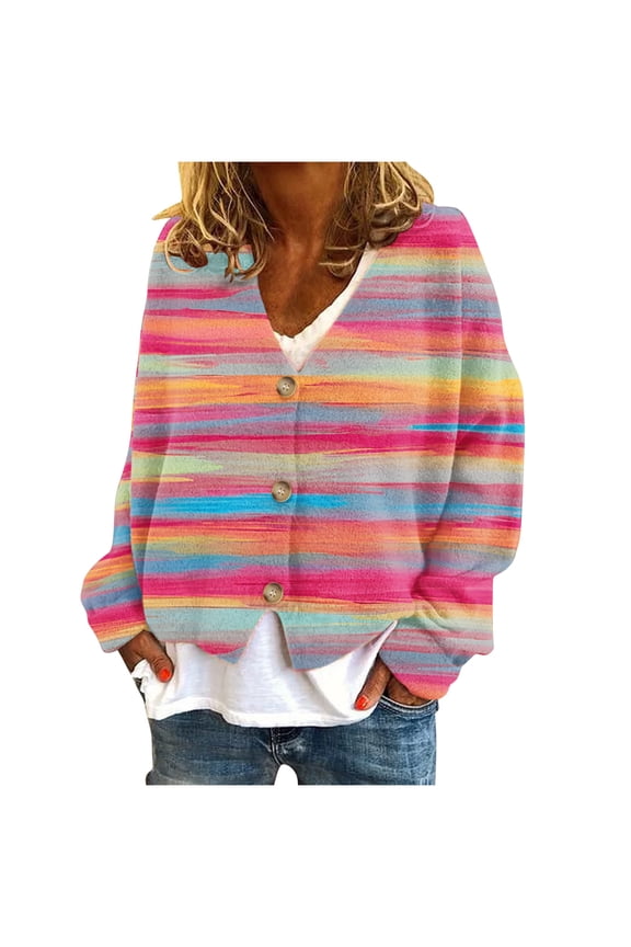 Button Down Cardigan for Women Knit Striped Fall Long Sleeve Sweaters Gradient Color Crew Neck Loose Lightweight Tops