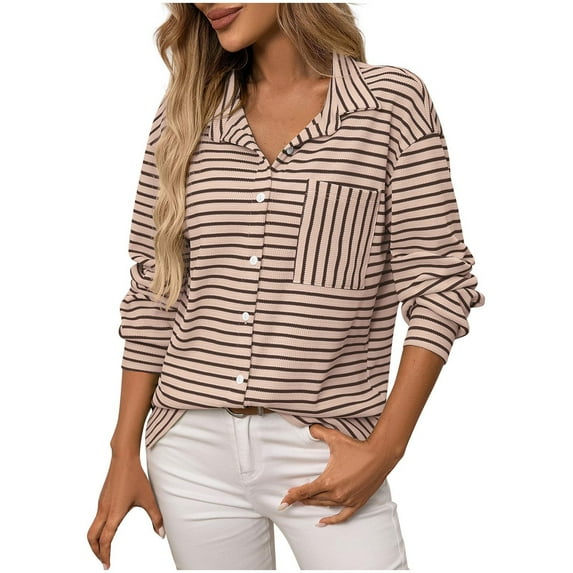 Gswybco Button Down Shirts for Women Striped Long Sleeve Collared Blouses Office Work Solid Color Tops with Chest Pocket