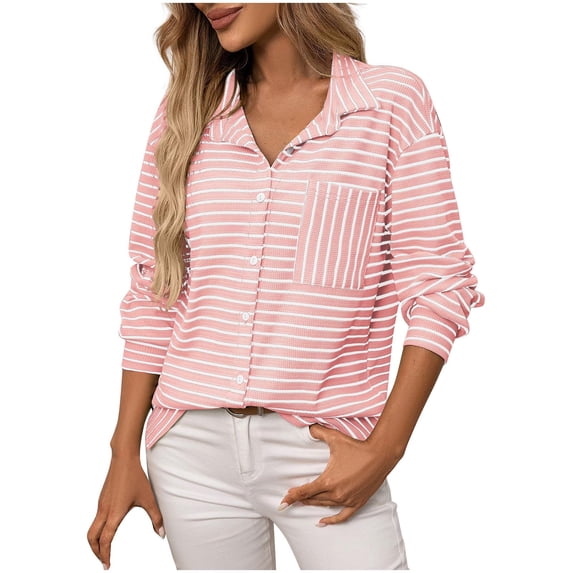 Gswybco Button Down Shirts for Women Striped Long Sleeve Collared Blouses Office Work Solid Color Tops with Chest Pocket