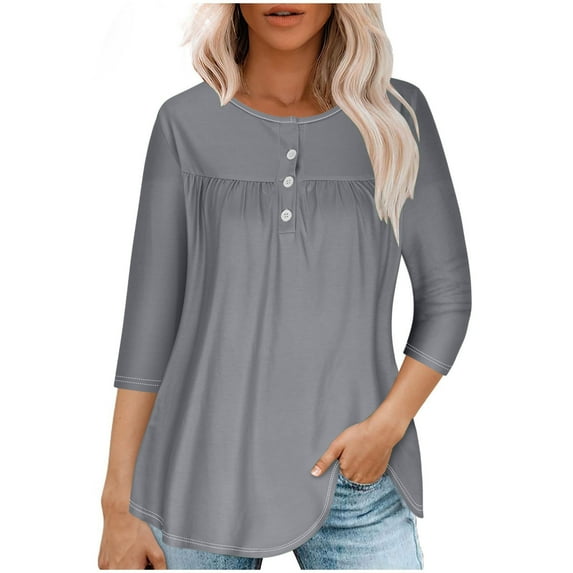 Gswybco Button Down Sweatshirts for Women Loose Crew Neck 3/4 Sleeve Ruched Pullovers Fall Trendy Oversized Solid Color Blouses