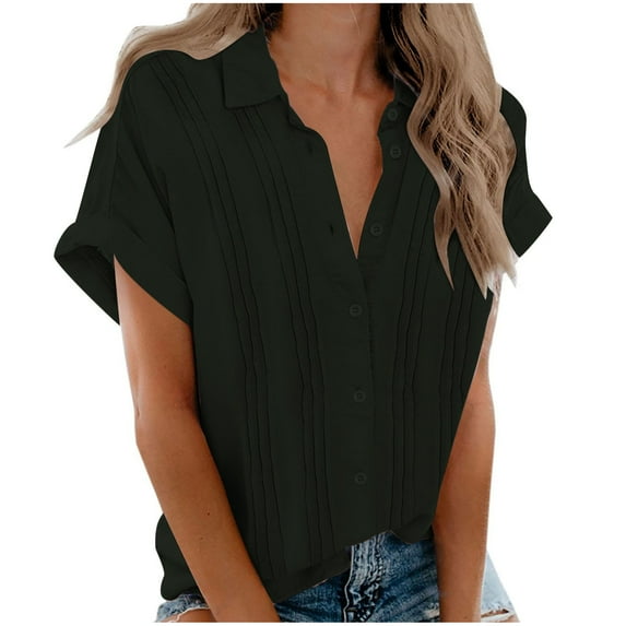 Samickarr Button-down Tops For Women Short Sleeve Lapel Blouse Caususal Solid Color Loose T shirt