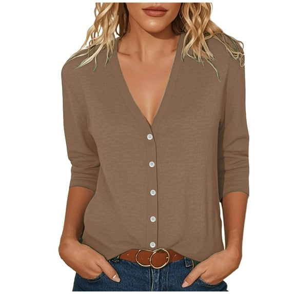 Gswybco Cardigan Coats for Women Row Buckle V-neck 3/4 Sleeve Blouse Loose Solid Color Top