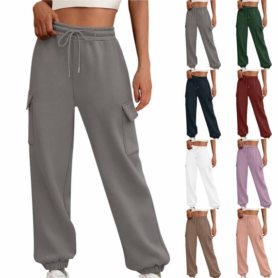 Gswybco Cargo Sweatpants for Women Drawstring High Elastic Waist with Pocket Pants Straight Cuffed Pants
