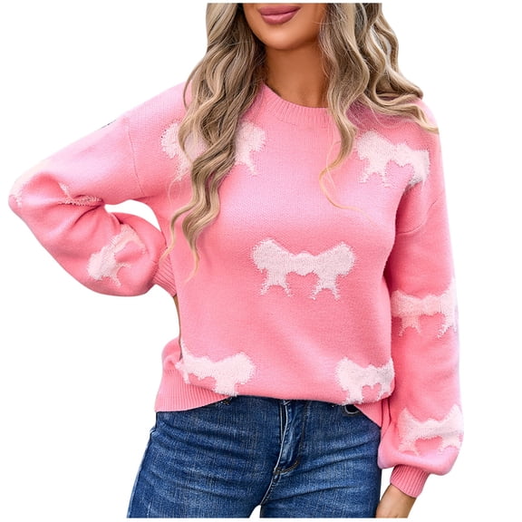 Samickarr Christmas Sweater for Women Pullover Sweater Round Neck Long Sleeve Solid Color Blouses Knitted Sweater