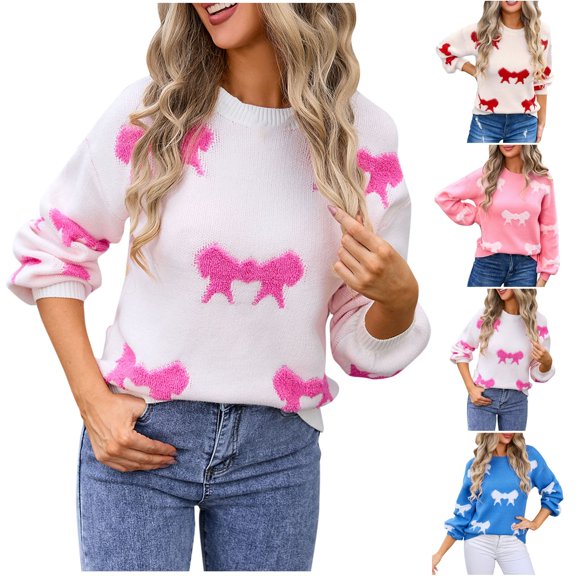 Samickarr Christmas Sweater for Women Pullover Sweater Round Neck Long Sleeve Solid Color Blouses Knitted Sweater