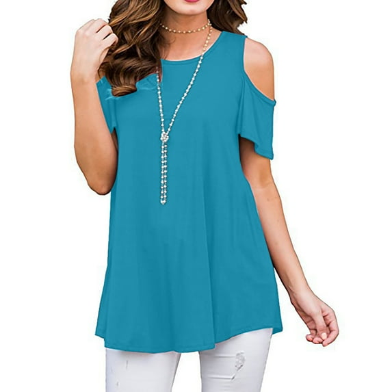 Samickarr Cold Shoulder Shirt Summer Tops For Women Loose Fit Dressy Swing Round Neck Short Sleeve T-Shirts Plus Size Tunic Tops For Leggings