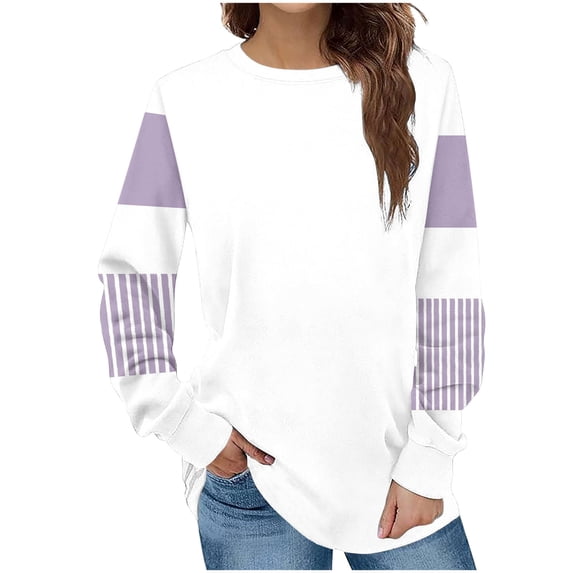 Gswybco Color Block Tops for Women Long Sleeve Crew Neck Casual Blouse Fall Fashion Loose Solid Color Pullover