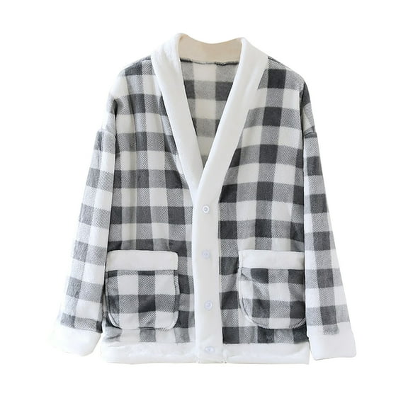 Gnshining Coral Fleece Home Wear for Women V-neck Thick Top Button with Pocket Long-Sleeved Cardigan Pajamas