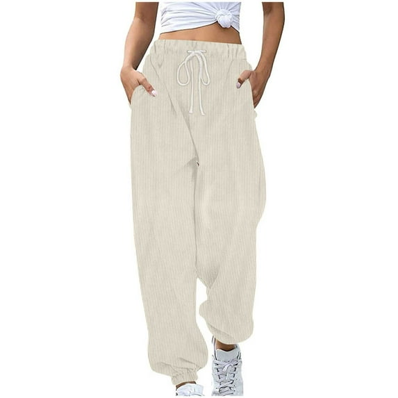 Samickarr Corduroy Sweatpants for Women Fall Trendy Drawstring Elastic High Waist Cinch Bottom Baggy Jogger Pants Solid Color Causal Loose Athletic Trousers