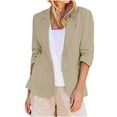 thumbnail image 1 of Gnshining Cotton Linen Suit Jacket for Women Turn Down Collar 3/4 Sleeve with Pockets Button Tops Office Cardigan Loose Blouse, 1 of 7