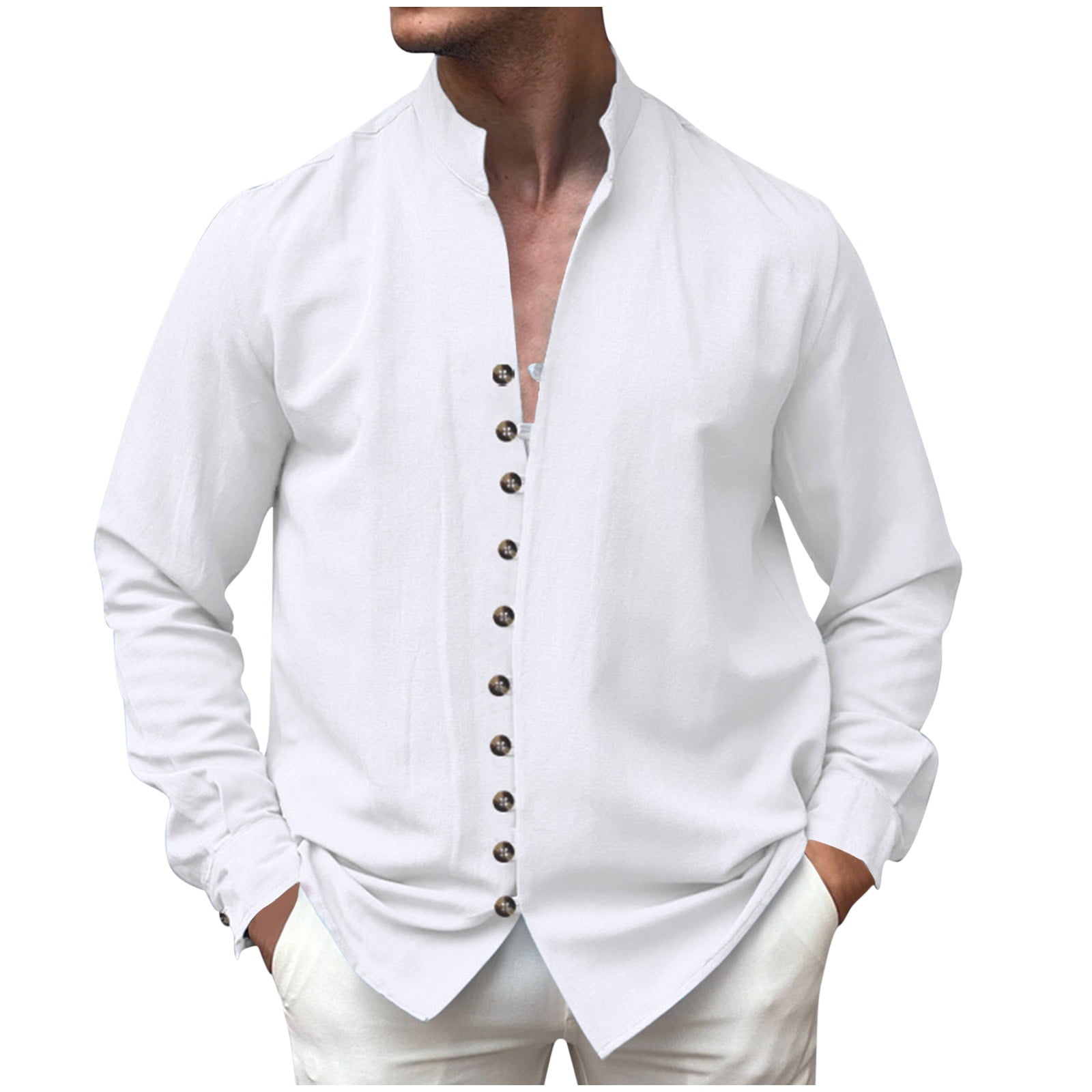 Mens vintage solid color stand collar long sleeve loose casual t shirt discount