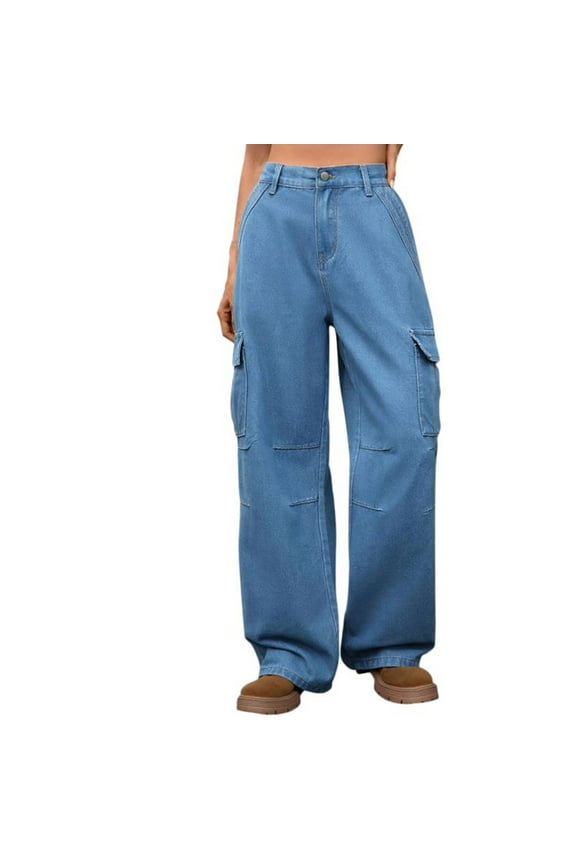 Denim Cargo Pants for Women Button with Multiple Pockets Pants Solid Color Straight Wide Leg Pants