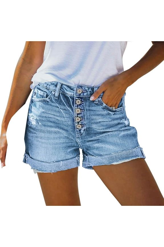 Denim Shorts For Women Button Fly Mid Rise Ripped Jean Shorts Stretchy Folded Hem Hot Short Jeans With Pockets