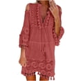thumbnail image 1 of Samickarr Fall Dresses For Women Plus Size Mini Dress Long Sleeve Women Loose Casual Solid Lace Embroidery Patchword Dress V-Neck Dress, 1 of 5