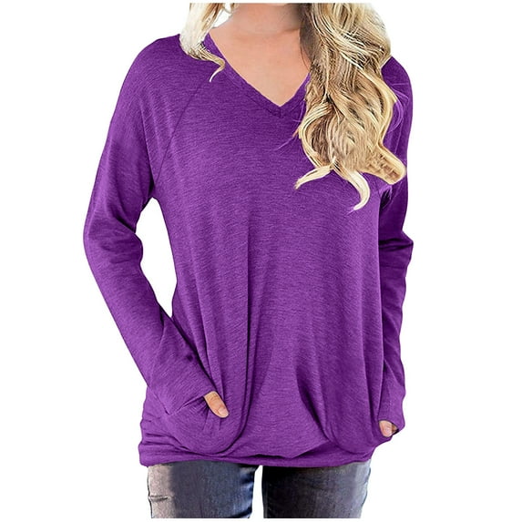 Samickarr Fall Sweaters For Women Long Sleeve Pullover Sweatshirts Casual Pullover Tunic Tops V-Neck Workout Shirt Blouses Loose Fit Baggy Comfy Blouse With Pockets
