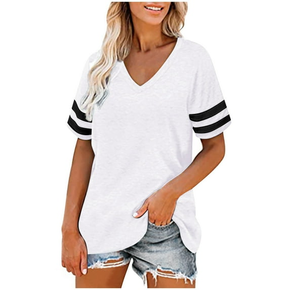 Samickarr Fashion Women'S Splicing V-Neck Short-Sleeved Loose Striped Solid Color Tops