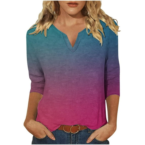 Gnshining Fitted Sweatshirt for Women 3/4 Sleeve V Neck Casual Tunic Pullover Fall Fashion Loose Solid Color Tops