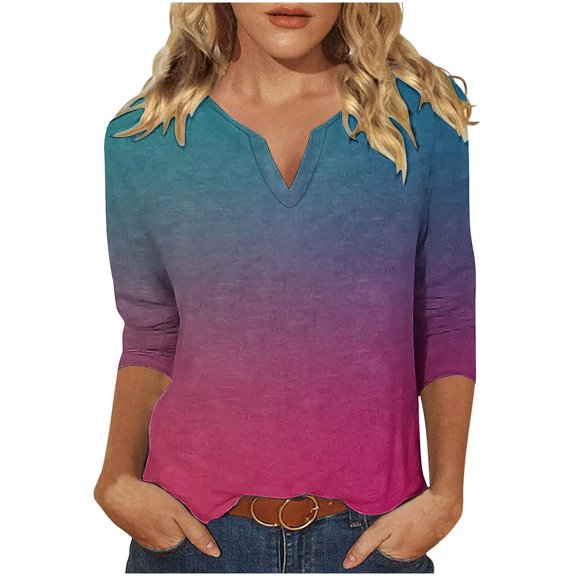 Gnshining Fitted Sweatshirt for Women 3/4 Sleeve V Neck Casual Tunic Pullover Fall Fashion Loose Solid Color Tops