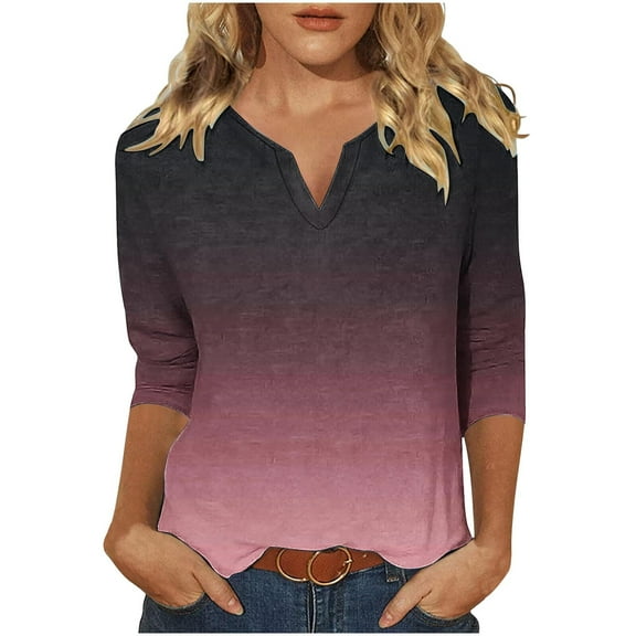 Gnshining Fitted Sweatshirt for Women 3/4 Sleeve V Neck Casual Tunic Pullover Fall Fashion Loose Solid Color Tops