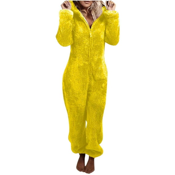 Samickarr Fleece Hooded Rompers for Women Fall Winter Long Sleeve Front Zipper Cinch Bottom Warm Soft Pajama Jumpsuit Solid Color Casual Loungwear Hooded Sleepwear