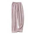 thumbnail image 1 of Npasoilc Fleece Pants for Women Fall Winter Drawstring Elastic Waist Straight Wide Leg Striped Textured Warm Homewear Trousers Solid Color Casual Loose Loungwear Pajama Pants, 1 of 8