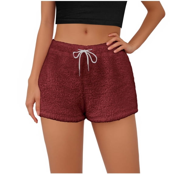 Samickarr Fleece Shorts for Women Trendy Drawstring Elastic Waist Soft Comfort Warm Pajama Shorts Solid Color Casual Homewear Loungwear Shorts