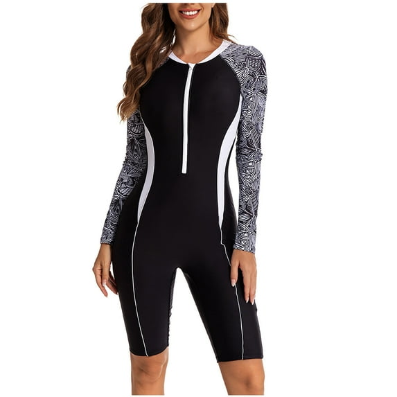 Samickarr Front Zipper Swimsuits For Women Long Sleeve One Piece Full Coverage Diving Suit Sun Protection Printed Patchwork Surfing Bathing Suit